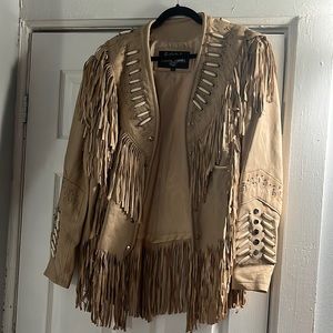 Leather gallery fringe and beaded western jacket